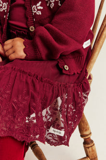 Kids red mesh skirt with embroidery