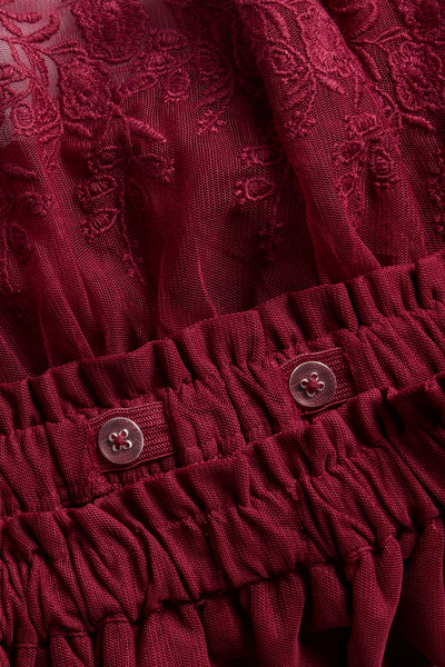 Kids red mesh skirt with embroidery