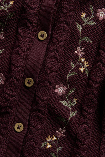 Baby knitted burgundy floral cardigan