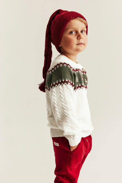 Kids white & green knitted Christmas jumper with embroidery