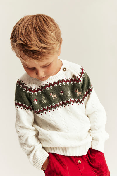 Kids white & green knitted Christmas jumper with embroidery