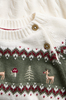 Kids white & green knitted Christmas jumper with embroidery