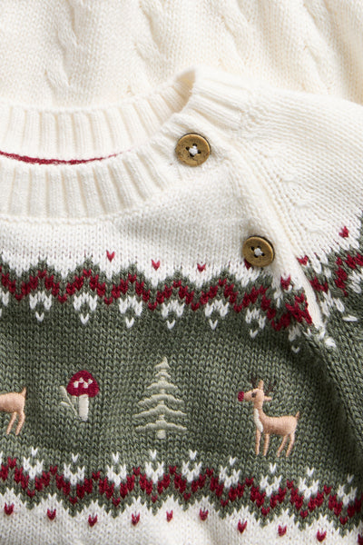 Kids white & green knitted Christmas jumper with embroidery