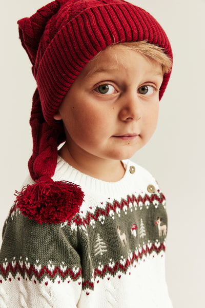 Kids white & green knitted Christmas jumper with embroidery