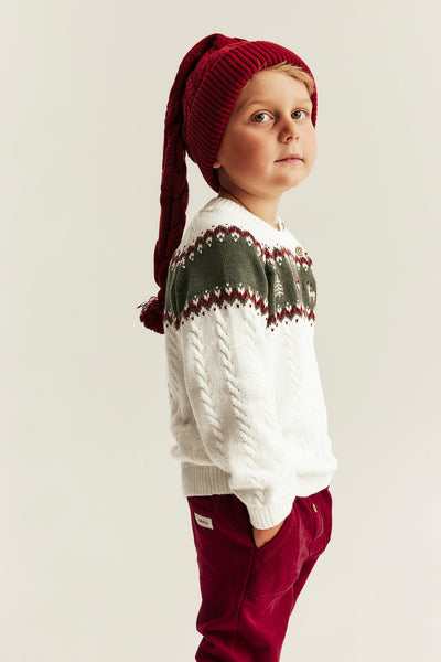 Kids white & green knitted Christmas jumper with embroidery