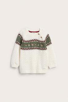 Baby white & green knitted jumper with Christmas embroidery