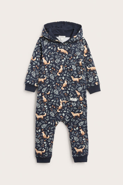 Baby blue jumpsuit with all-over fox pattern