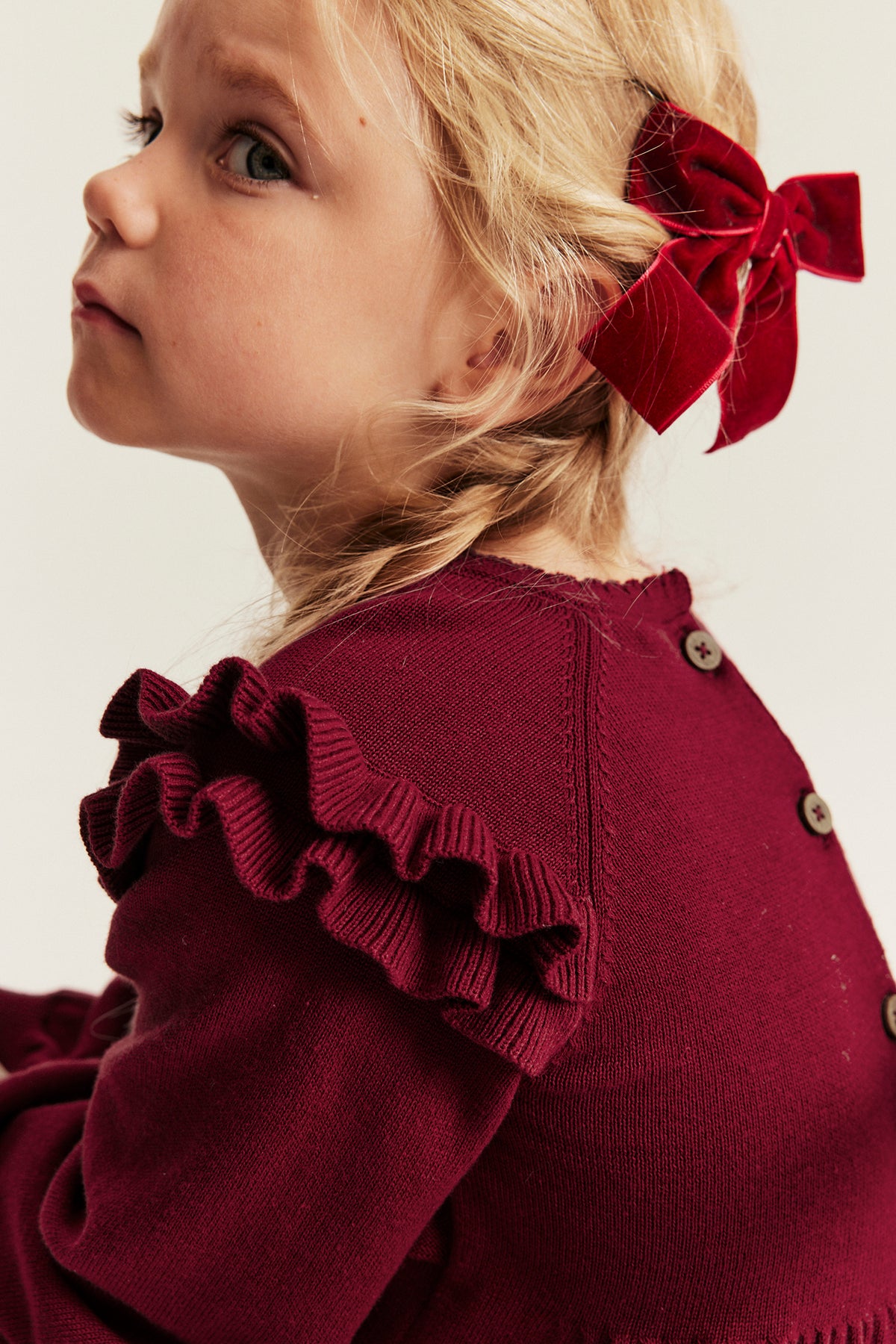 Kids red fine-knit Christmas dress with frills