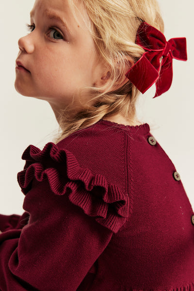 Kids red fine-knit Christmas dress with frills