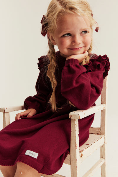 Kids red fine-knit Christmas dress with frills