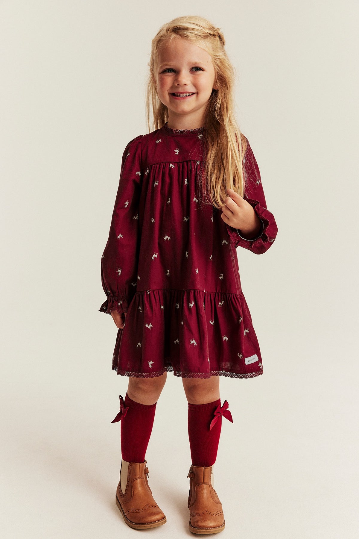 Kids red long-sleeved dress with reindeers