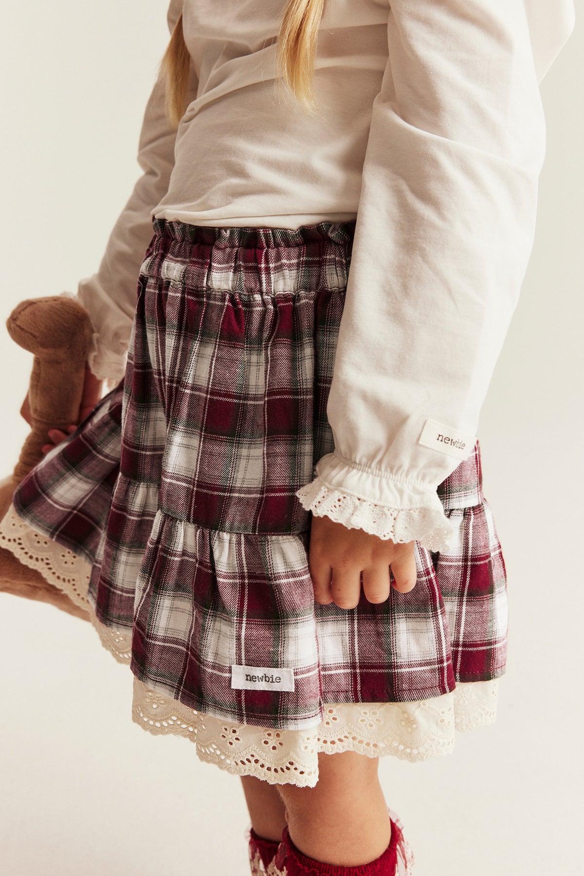 Kids red & white checked skirt with lace