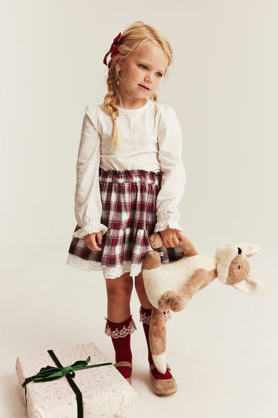Kids red & white checked skirt with lace