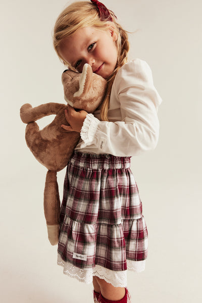 Kids red & white checked skirt with lace