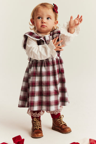 Baby red & white checked woven pinafore dress