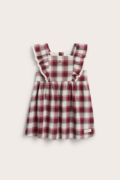 Baby red & white checked woven pinafore dress