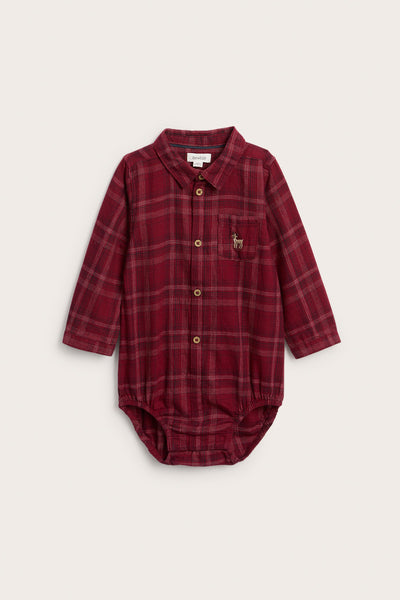Baby red checked shirt bodysuit with collar