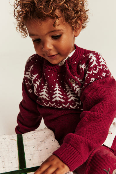 Kids red knitted Christmas jumper with buttons
