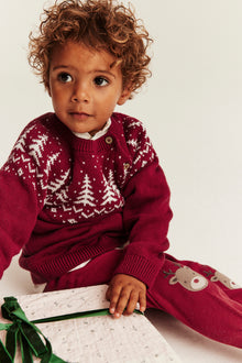 Kids red knitted Christmas jumper with buttons