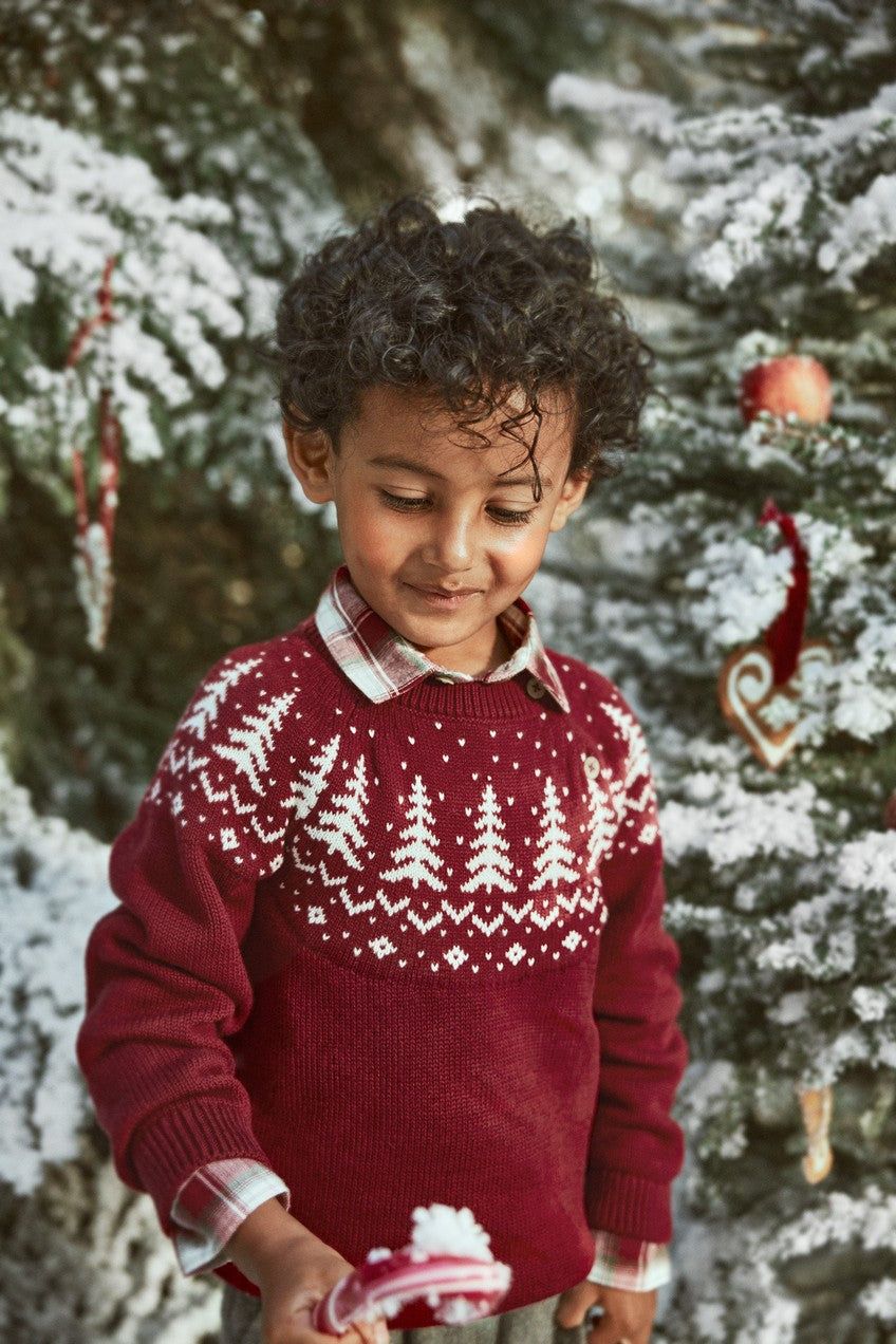 Kids red knitted Christmas jumper with buttons