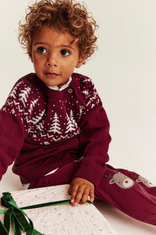Kids red knitted Christmas jumper with buttons