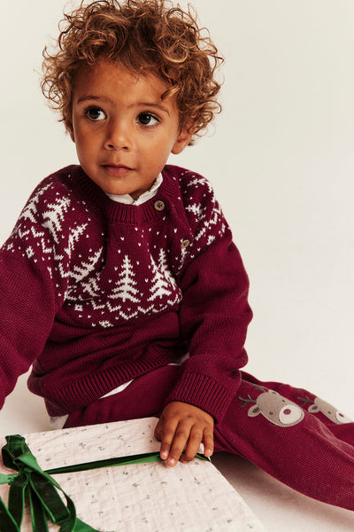 Kids red knitted Christmas jumper with buttons