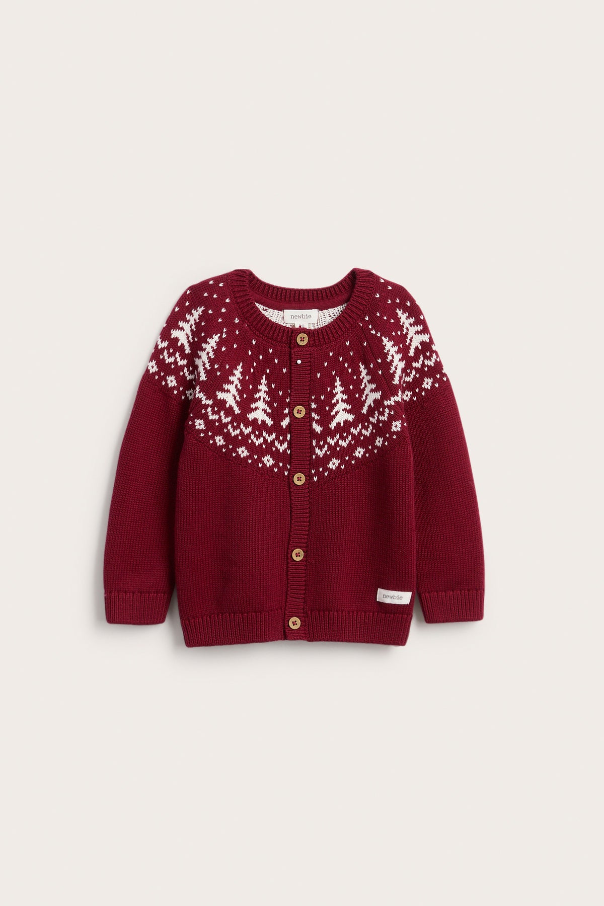 Baby red knitted cardigan with Christmas trees