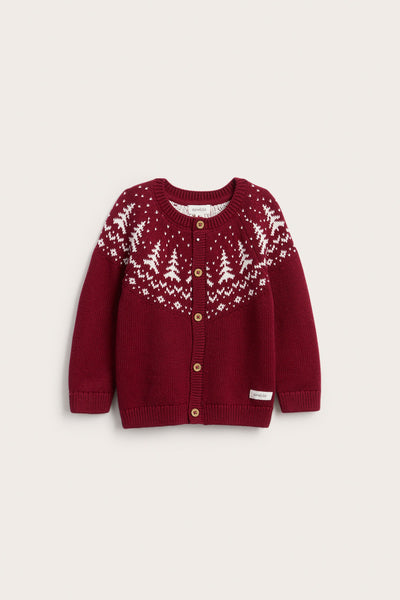 Baby red knitted cardigan with Christmas trees
