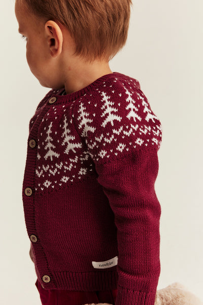 Baby red knitted cardigan with Christmas trees