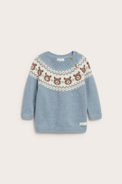 Baby blue jacquard-knit jumper with teddy bears