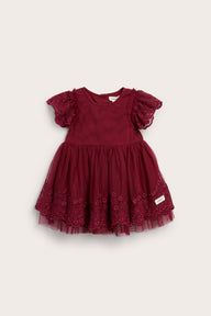 Baby red mesh dress with embroidery