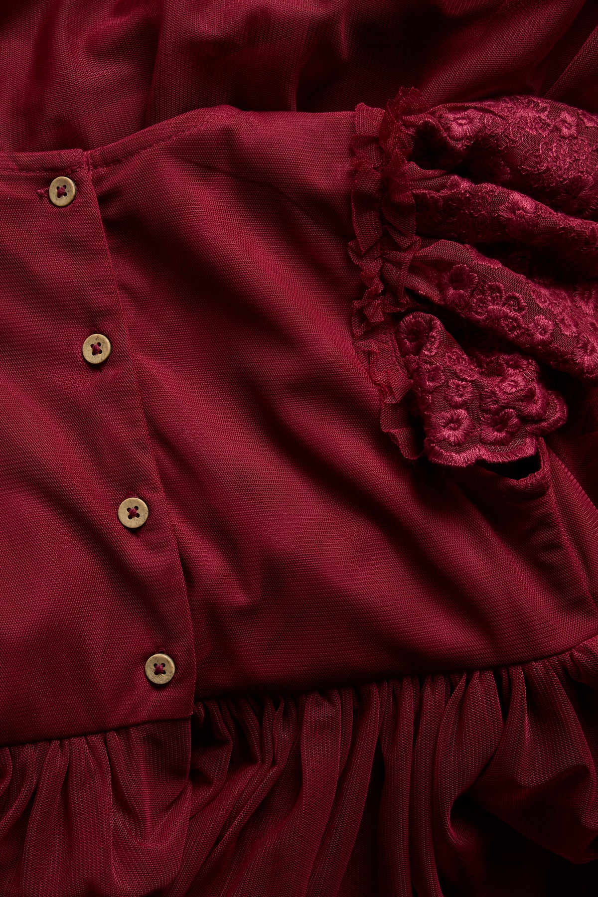 Kids red mesh dress with embroidery