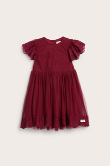 Kids red mesh dress with embroidery