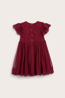 Kids red mesh dress with embroidery