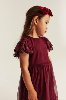 Kids red mesh dress with embroidery