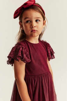 Kids red mesh dress with embroidery