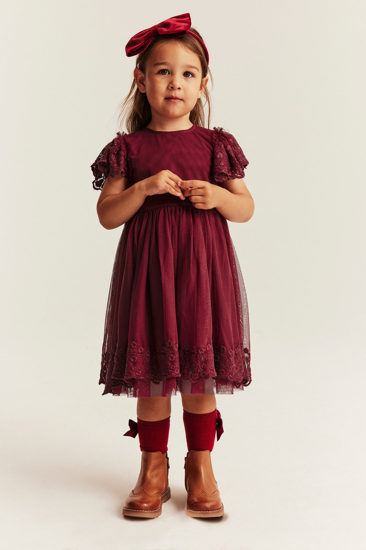 Kids red mesh dress with embroidery