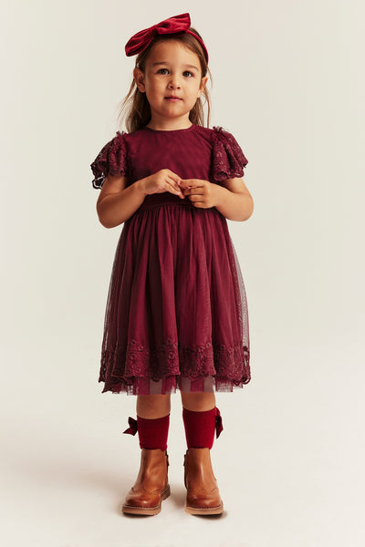 Kids red mesh dress with embroidery