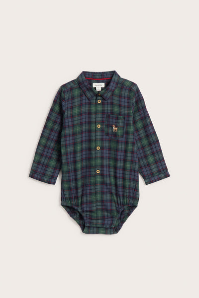 Baby green checked shirt bodysuit with collar