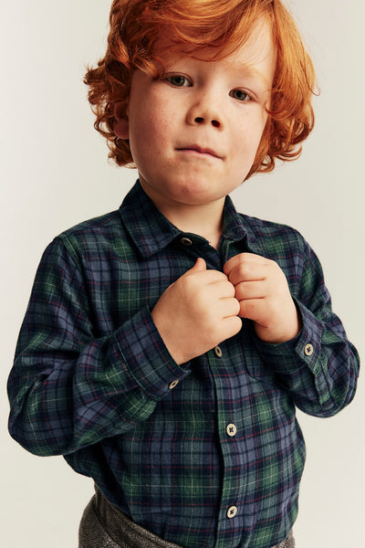 Kids green checked Christmas shirt with collar