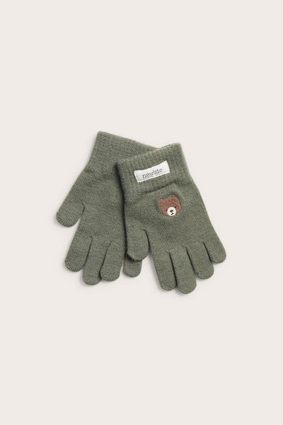 Kids green mittens with embroidered bear