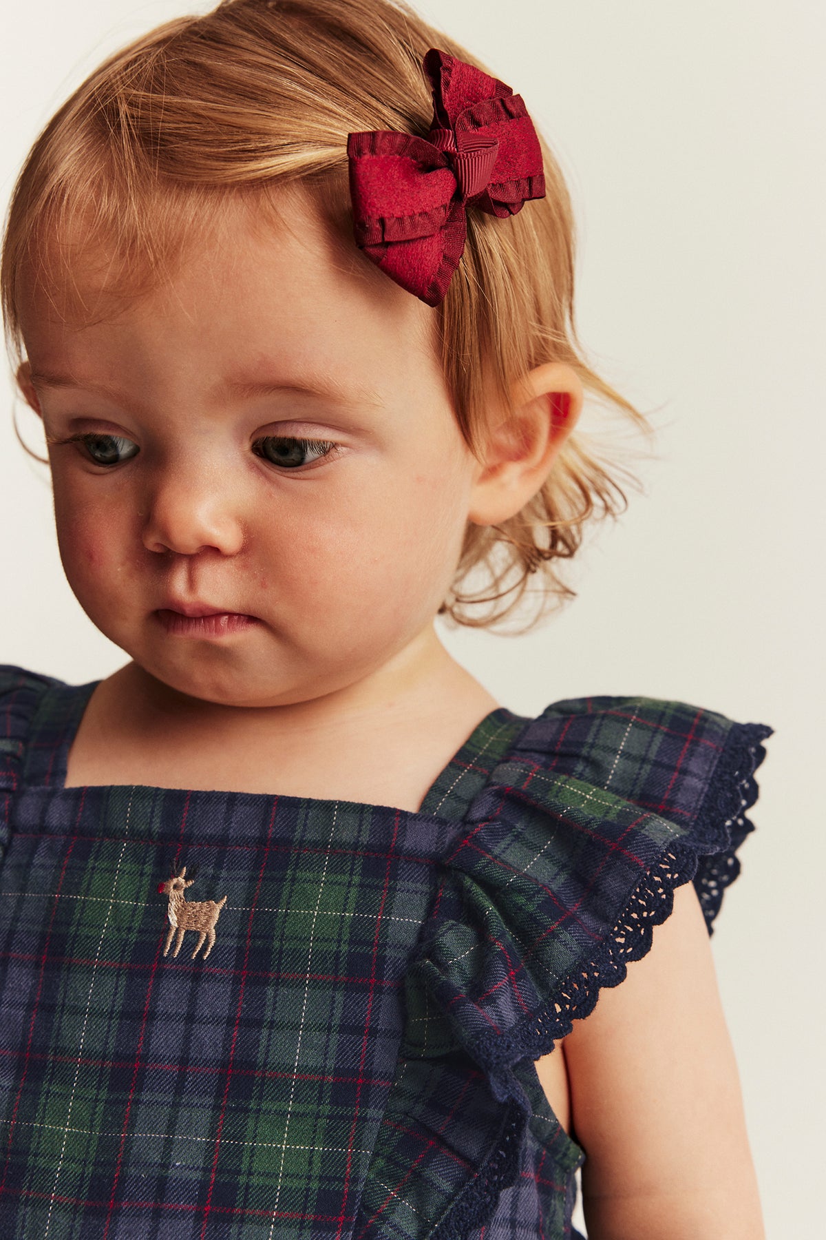 Baby green & blue checked woven pinafore dress