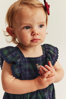 Baby green & blue checked woven pinafore dress