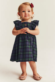 Baby green & blue checked woven pinafore dress