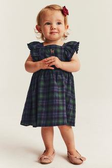 Baby green & blue checked woven pinafore dress