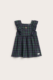 Baby green & blue checked woven pinafore dress