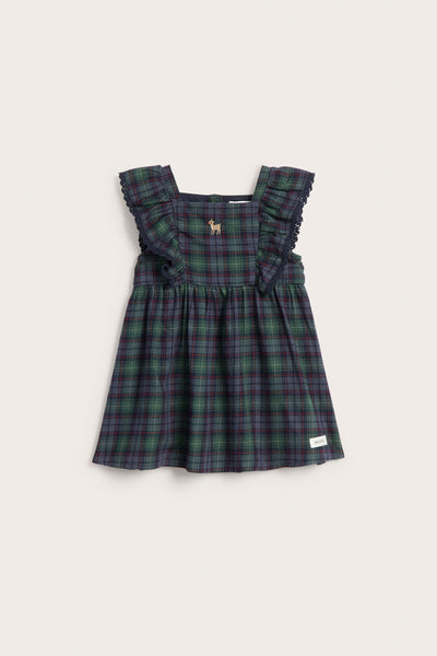 Baby green & blue checked woven pinafore dress