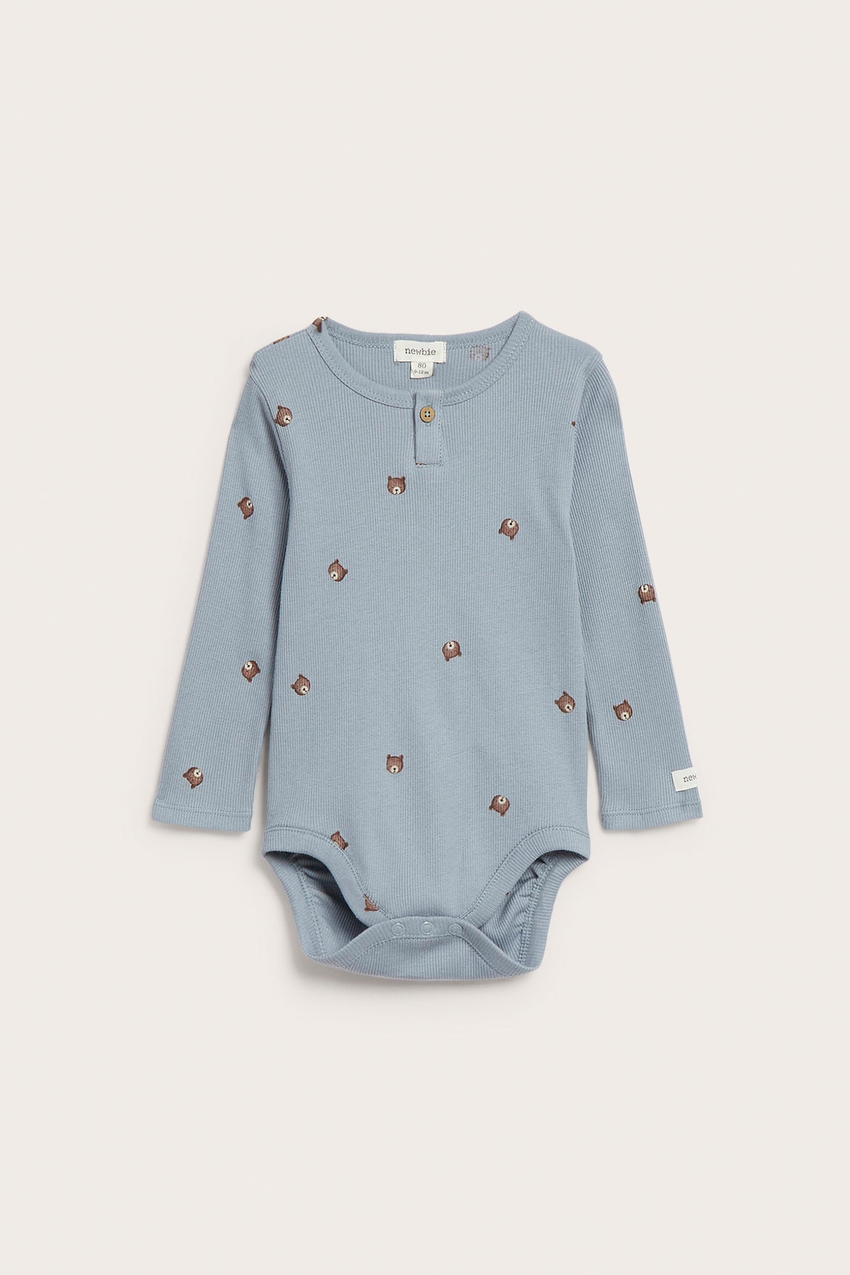 Baby blue long-sleeve ribbed bodysuit with bears
