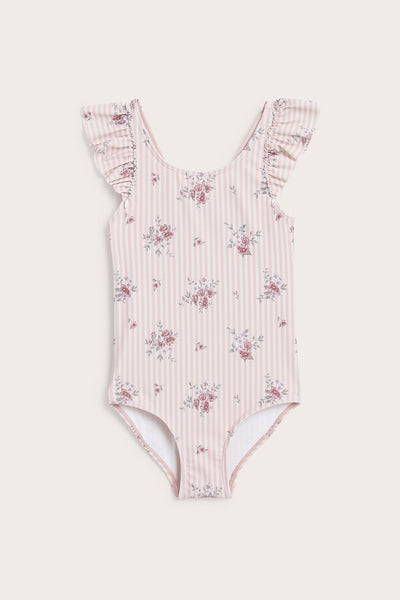 Kids pink floral frilled swimsuit