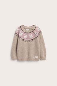 Baby beige knitted wool jumper with rabbits